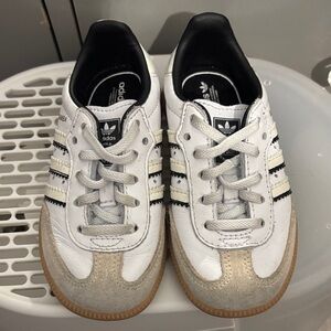 Adidas Kids White, Black, and Tan Sneakers